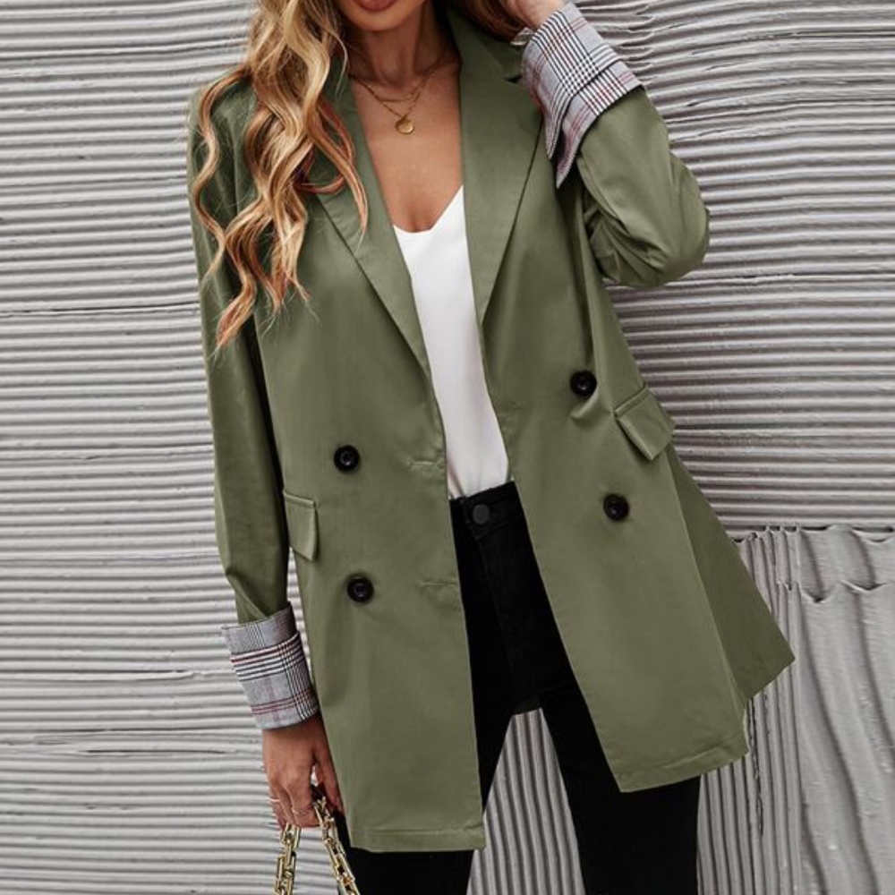 Classic Army Green Plaid Cuff Button Blazer Work - Picture 1 of 10
